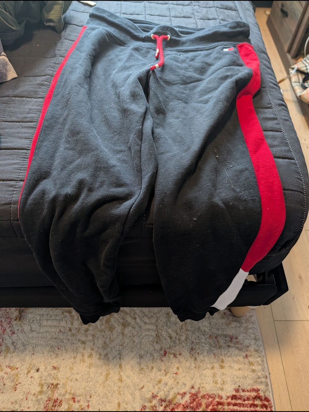 Black Tommy Hilfiger Sweatpants with Red Side Stripe